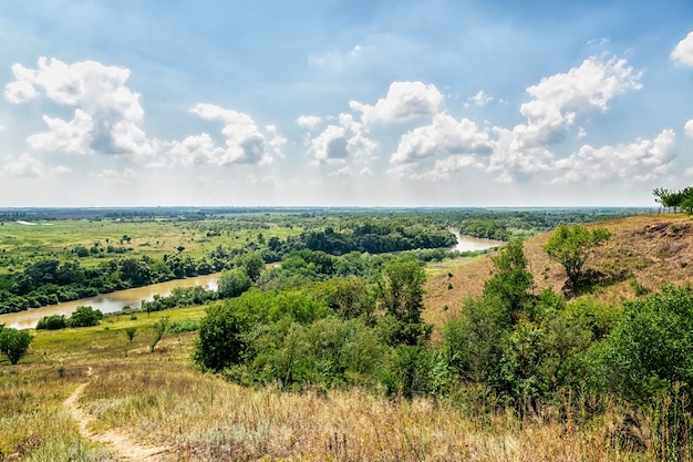 View of the river, forests and fields. Landscape in Russia