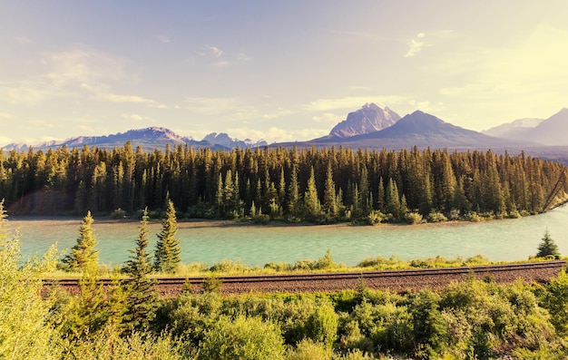 View over a river through the Rocky Mountains, Banff, Canada