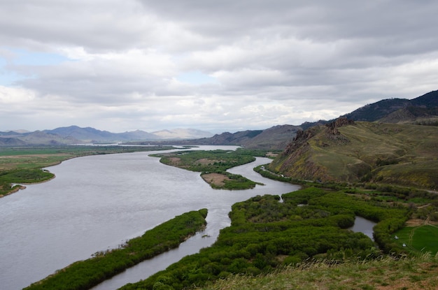 View of the river valley from a height Bright spring landscape