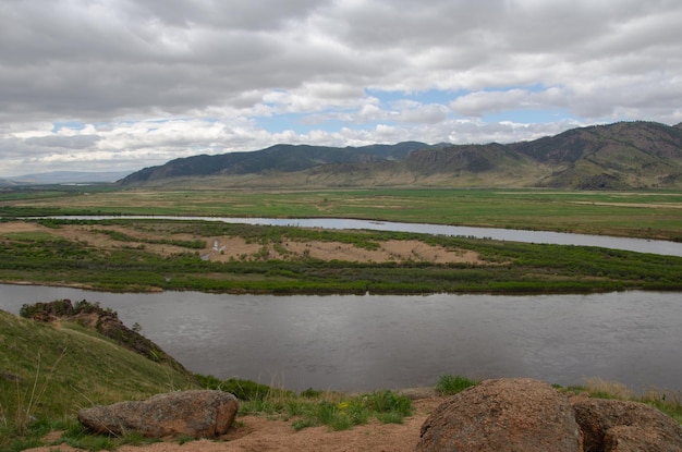 View of the river valley from a height Bright spring landscape