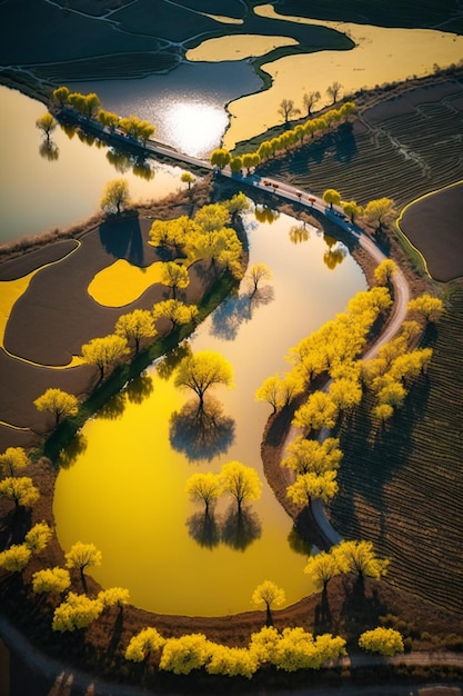 View of river with bridge and train going by generative ai