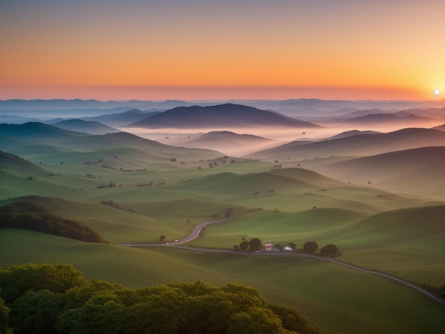 A view of the rolling hills at sunset.