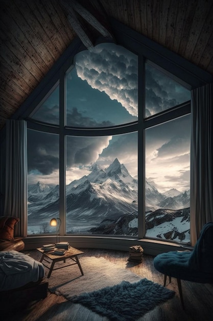 A view of room with mountain range generative ai