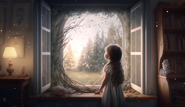 View of a sad young girl age 4 5 looking out through a home window