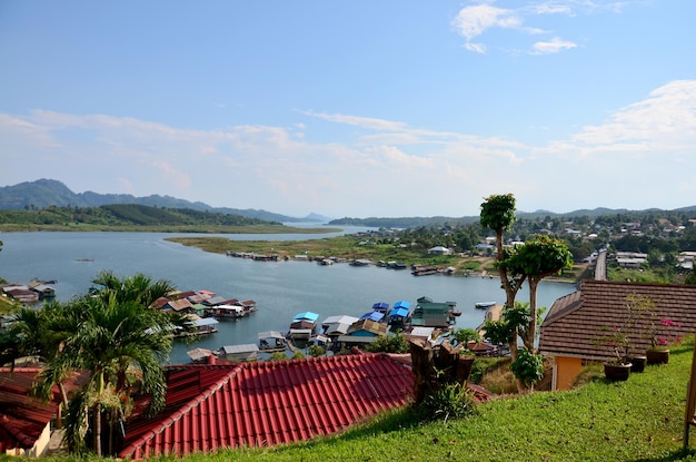 View of Samprasob River and Raft House near Saphan Mon wooden bridge at Sangkhlaburi in Kanchanaburi Thailand