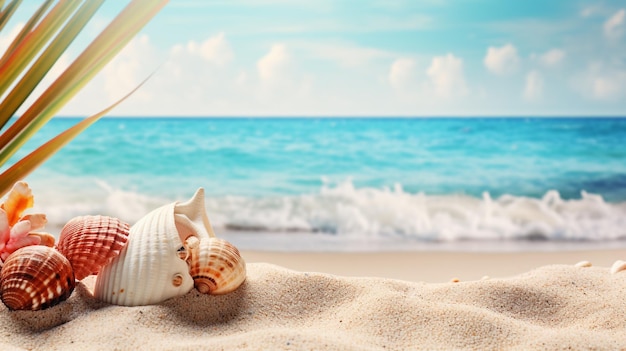 View of sandy beach with shells and palm tree