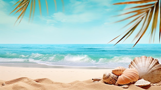 View of sandy beach with shells and palm tree