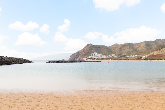 View of Santa Cruz beach Las Teresitas with palms at sunny summer day, Tenerife island, Canaries Spain