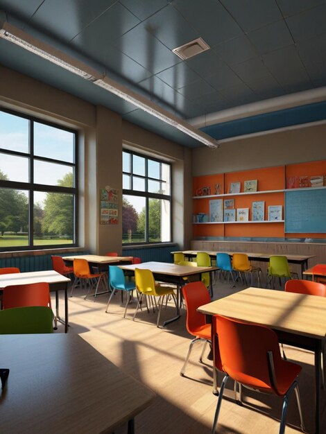 View of school classroom with school desks