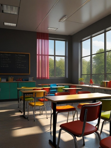 View of school classroom with school desks