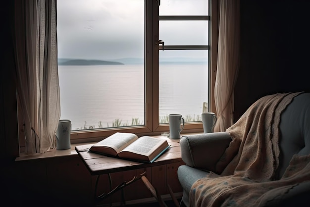 View of sea or lake from a cozy armchair with books and hot drink nearby created with generative ai