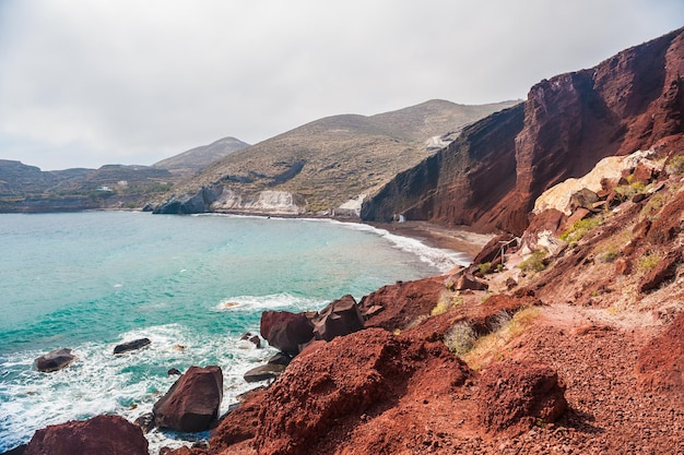 View of the seacoast and the beautiful Red beach. Santorini island, Greece