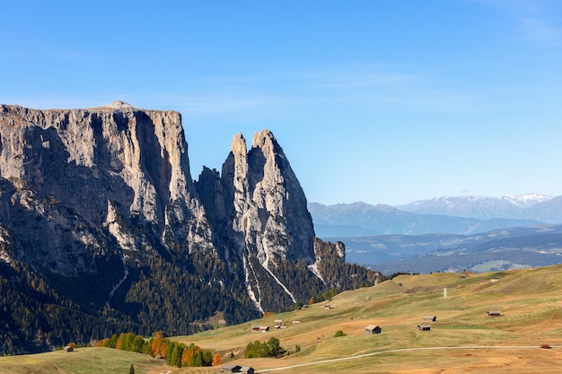 View of Seiser Alm plateau with Punta Euringer mountain and Val Gardena South Tyrol Italy