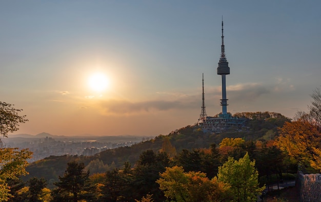 View of Seoul City Skyline and Seoul Tower at Sunset South Korea