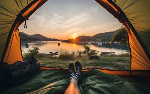 View of the serene landscape from inside a tent Camping sunset