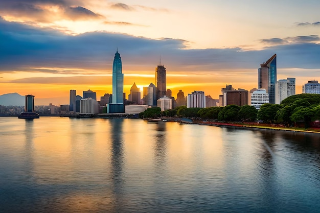 A view of the skyline of boston with the sun setting behind it