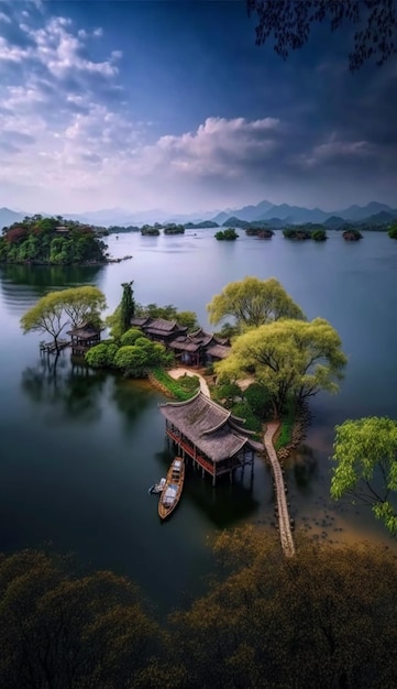 View of small boat on lake with island in the middle generative ai