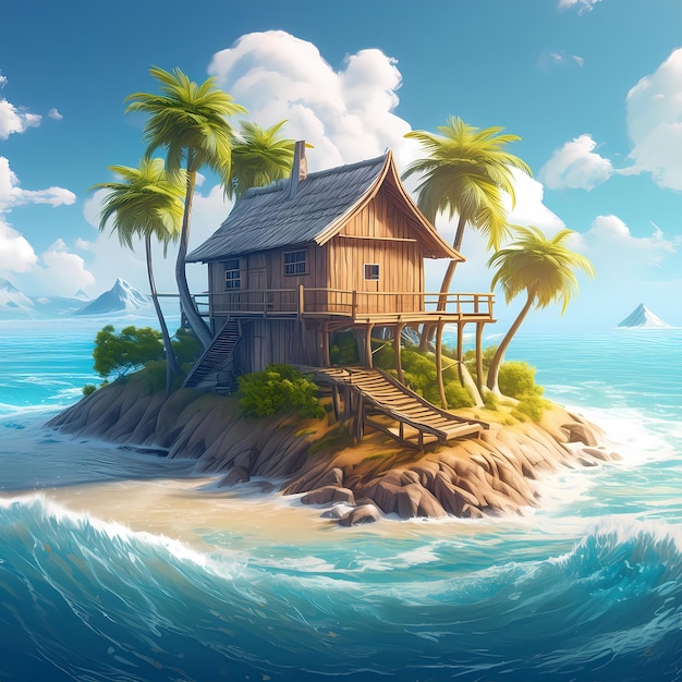 View of a small island in the middle of the sea with a beach and beautiful wooden houses Palm Tree