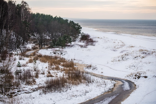 View to the small river flowing near the baltic sea in winter in saulkrasti in latvia