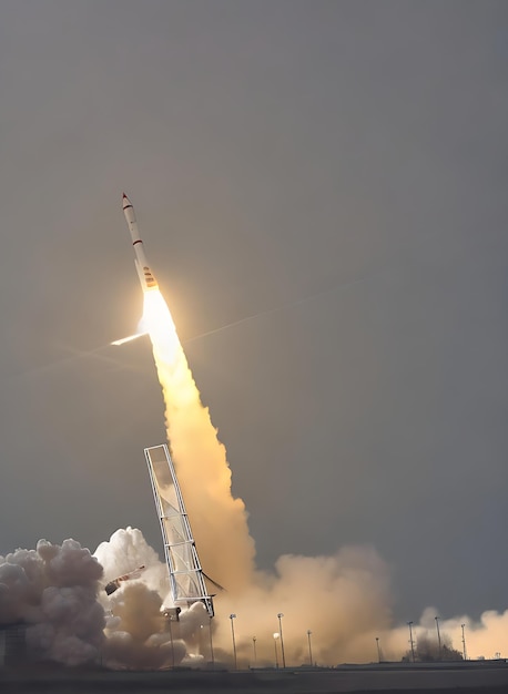 View of a space rocket launching from Earth its engines blazing with light