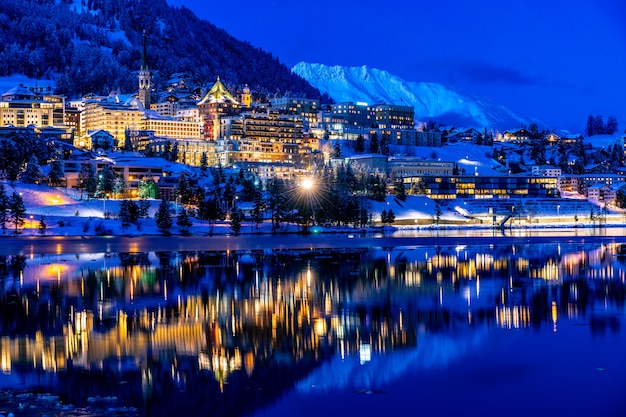 View of St. Moritz in Switzerland at night in winter