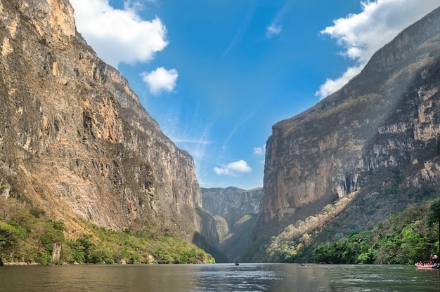 View of Sumidero Canyon in Chiapas, Mexico with a beautiful blue sky. High quality photo