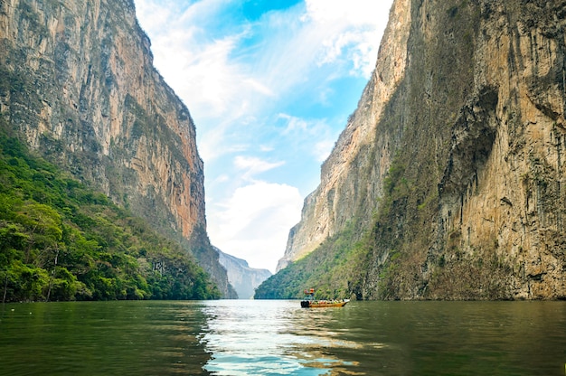 View of Sumidero Canyon in Chiapas, Mexico with a beautiful blue sky. High quality photo