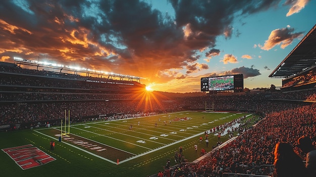 a view of the sun setting over a football field