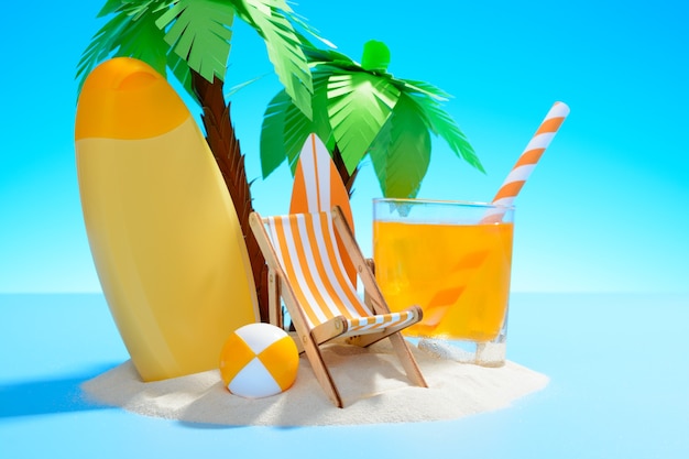 View of the Sunny sandy island with palm trees, sun lounger, surfboard, orange juice, ball and sunscreen