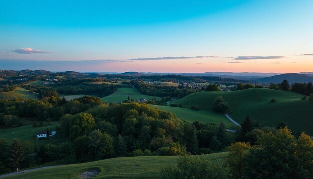 Photo a view of a sunset from a hill with a field and trees