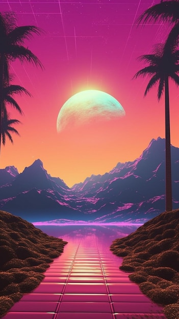 A view of a sunset with palm trees and a path generative ai