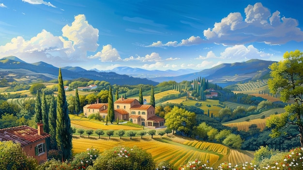 View of the surrounding countryside with hills houses meadows and a forest under a blue sky and mountains Generate Ai