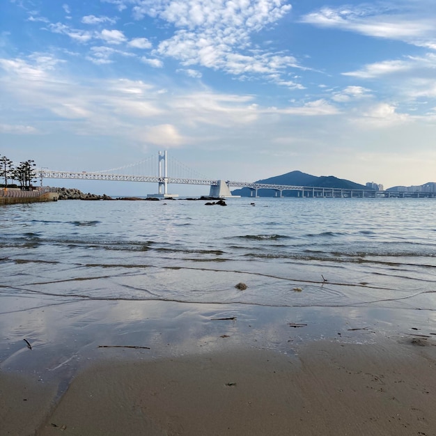 View of suspension bridge over sea