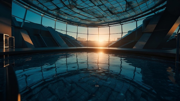 A view of a swimming pool with the sun setting behind it.