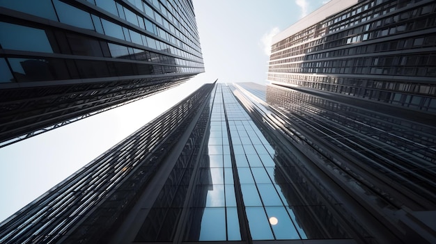 A view of a tall building from below