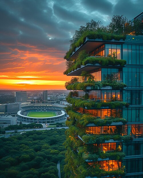 A view of a tall building with a green roof and a sunset in the background