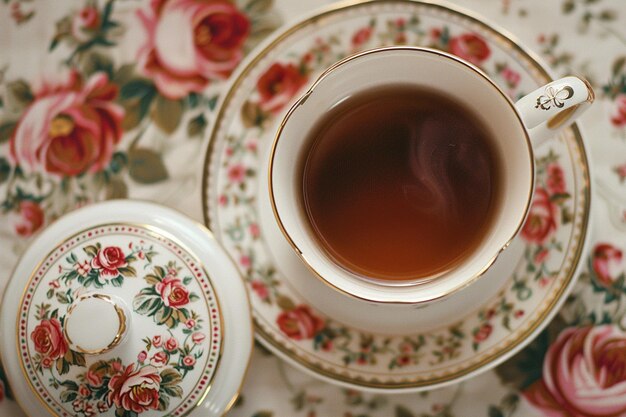 Photo above view tea cup and teapot