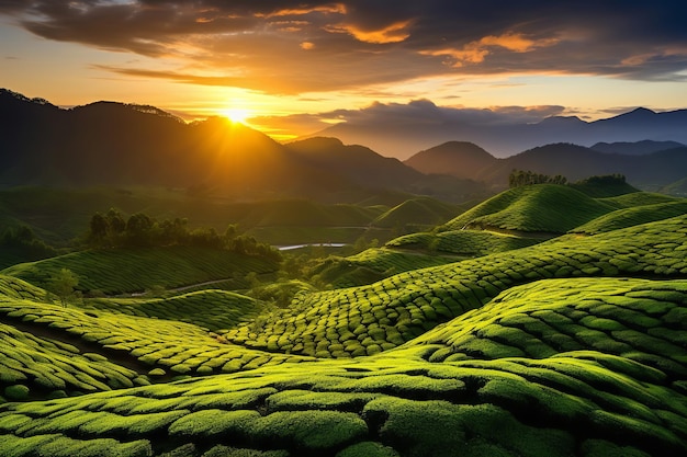 view of tea plantation in sunsetsunrise time in