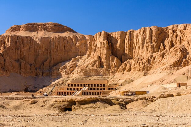 View on a temple of Hatshepsut under the high cliffs in Luxor Egypt