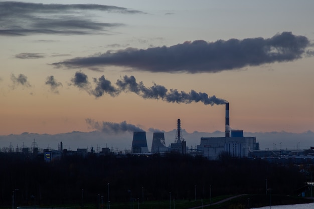 View of the thermal power plant at sunset