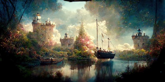 View through a beautiful enchanting fairy tale woodland onto a castle and a sailing ship, 3d render.