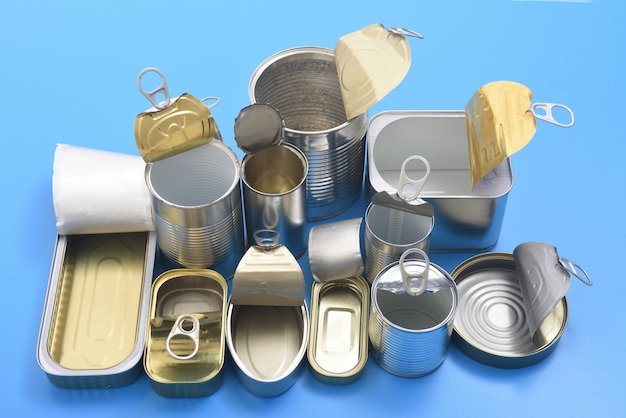  view of tin can isolated on blue