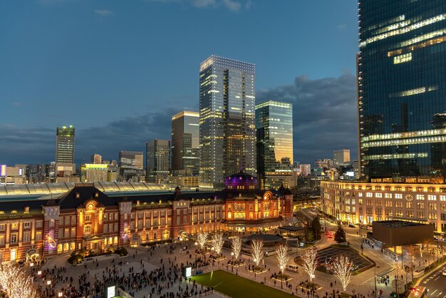 View of Tokyo station building during winter illumination at Marunouchi business district Japan