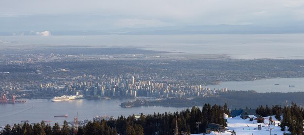 View of Top of Grouse Mountain Ski Resort with the City in the background