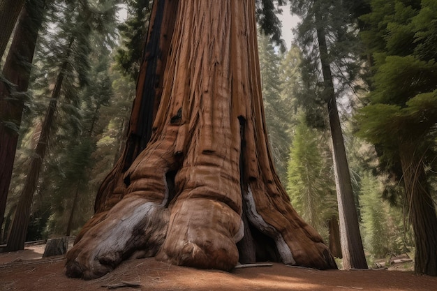 View of a towering sequoia with the forest floor in view