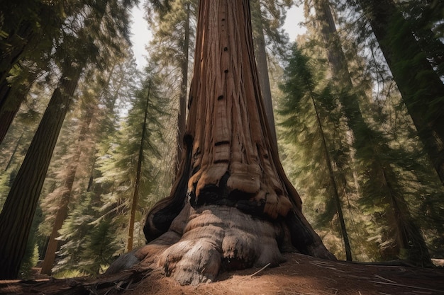 View of a towering sequoia with the forest floor in view