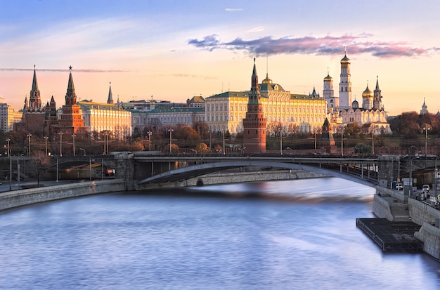 View of the towers and temples of the Moscow Kremlin and the Bolshoi Kamenny Bridge