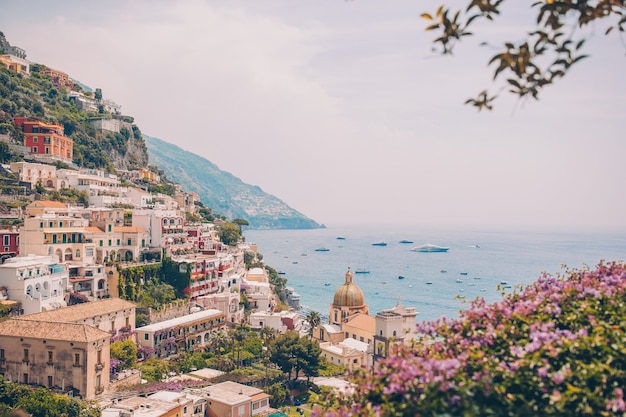 View of the town of Positano with flowers