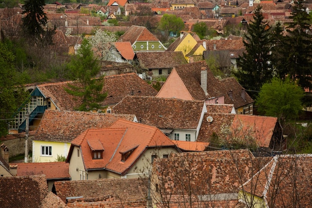 Photo a view of a town with a red roof and a few other buildings.