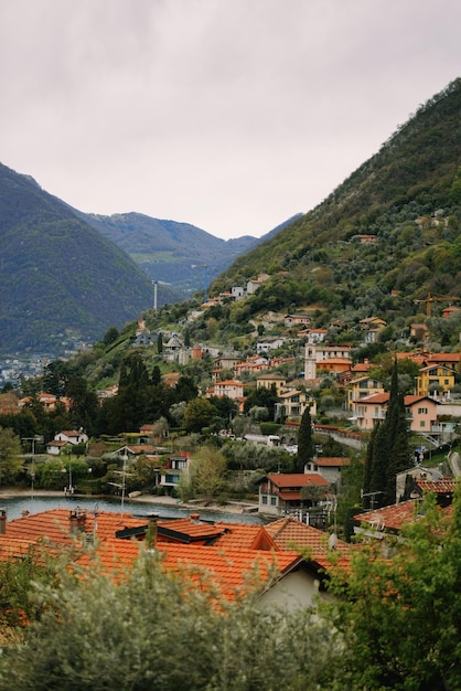 A view of a town with a river in the background